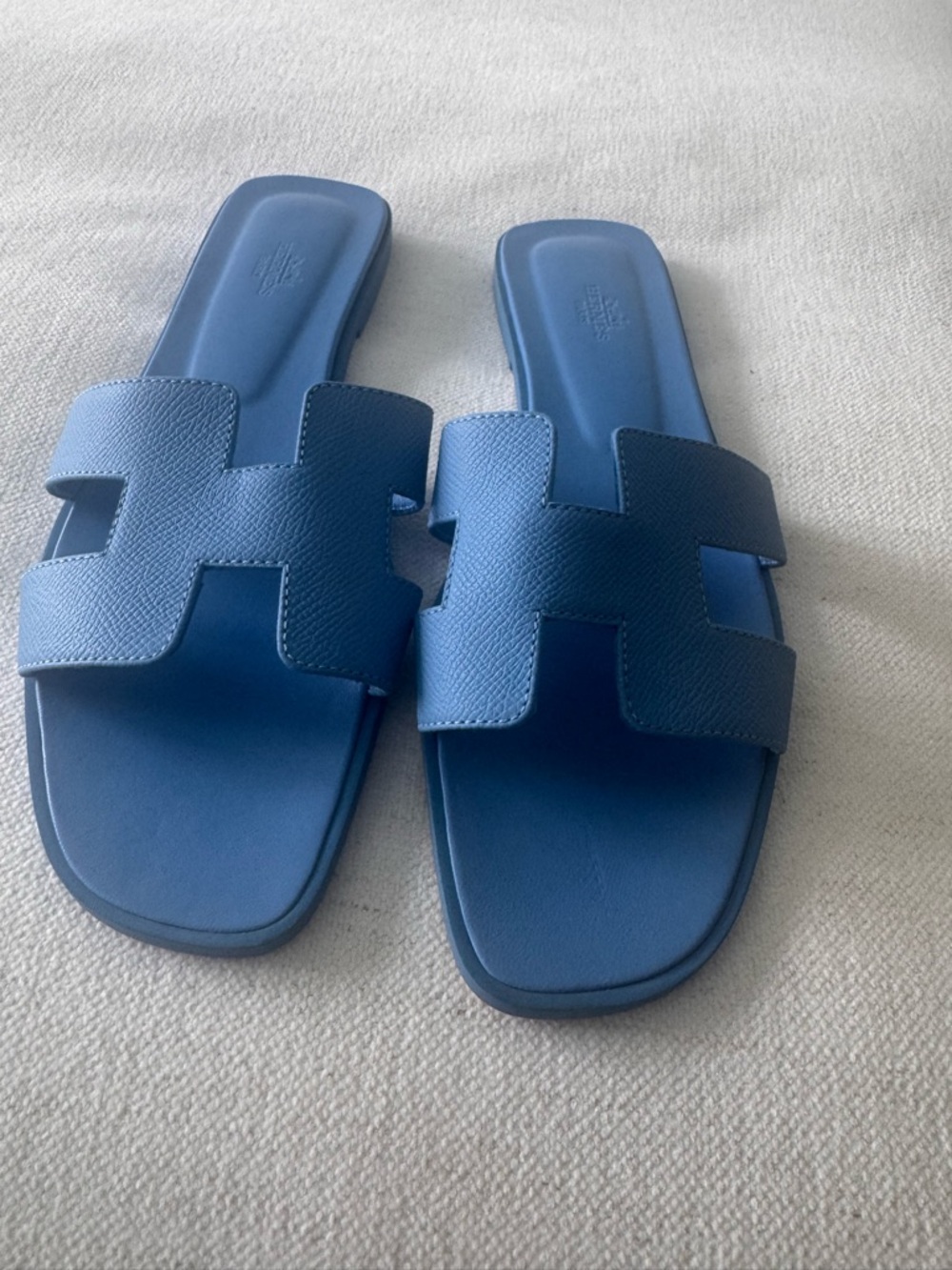 Hermes Blue Oran H Slide Leather Sandals